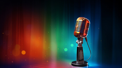 Retro Microphone on Colorful Stage Music, Podcast, Broadcast Design
