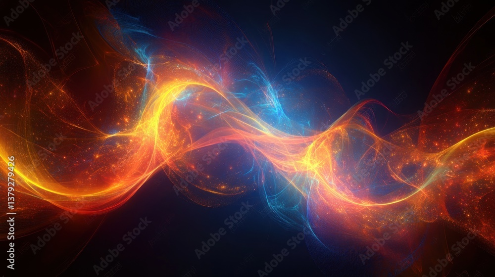 Poster abstract fractal art with orange and blue fiery light patterns and energy streams