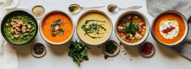 Gourmet Vegan Soup Arrangement in Ceramic Bowls on White Background for Autumn and Winter Comfort Food