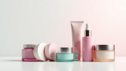 Various cosmetic containers on white backdrop , vibrant, powder, bright