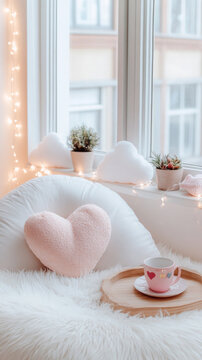 Cozy cutecore window nook with heart pillow and tea cup for relaxation and inspiration
