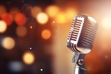 Retro Microphone on Stage with Warm Bokeh Lights Music, Singing, Podcast, Broadcast
