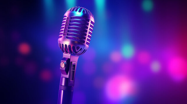 Retro Microphone on Stage, Neon Lights, Music Concert, 3D Render