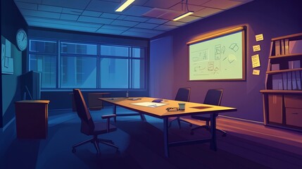 An Empty Meeting Room with a Projector Screen, Table, Chairs, and Office Supplies
