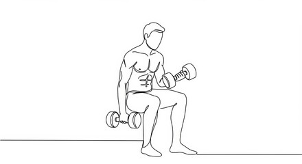 Minimalist one-line art: Person lifting dumbbells in a gym for strength training