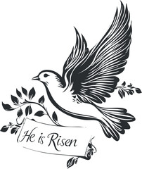 Naklejka premium Illustration of a dove with outstretched wings holding a branch and banner reading 'He is Risen'.
