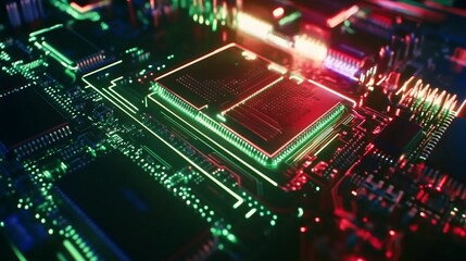 Fototapeta premium Illuminated Circuit Board Close Up with Red and Green Lights Detailed View