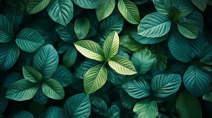 Fototapeta premium Lush Green Tropical Foliage Background Texture Vibrant Emerald Leaves Nature Photography Organic Plant Life Detailed Close Up View Natural Greenery Pattern Design Element dark leaf fresh image plants 