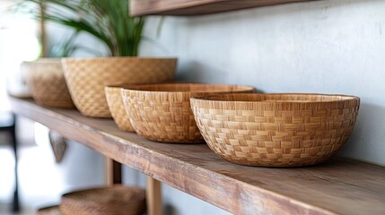 Fototapeta premium A row of handwoven bamboo baskets displayed on rustic wooden shelves