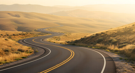 Fototapeta premium Winding Asphalt Road Through Golden Grass Hills Under Warm Sunset Light and Mountain Landscape