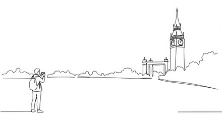 Obraz premium Minimalist One-Line Drawing of Tourist Photographing London's Iconic Clock Tower
