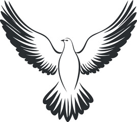 Fototapeta premium Black and white vector illustration of a dove with outstretched wings symbolizing peace and freedom.