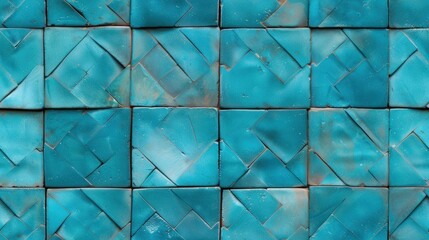 Abstract Turquoise square tiles forming a textured geometric pattern on a flat surface creating a uniform backdrop tile pattern