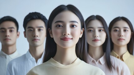 Confident Asian Woman in Group Studio Portrait with Diverse Young Adults