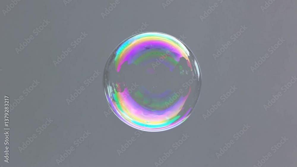 Poster delicate rainbow soap bubble floating against neutral gray backdrop, revealing iridescent colors and