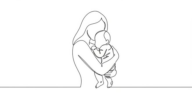 Minimalist one line art drawing of a mother holding her baby in elegance