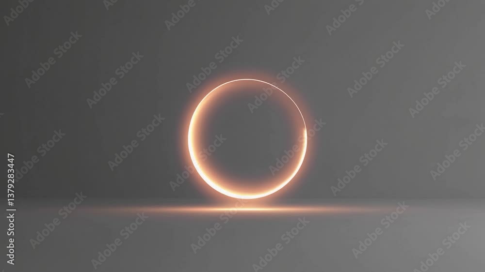 Poster vibrant orange neon circle rotating smoothly against neutral gray background, gradually fading and c