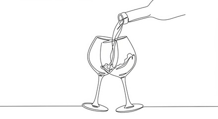 Continuous line art showcasing wine bottle pouring into elegant glass drawing