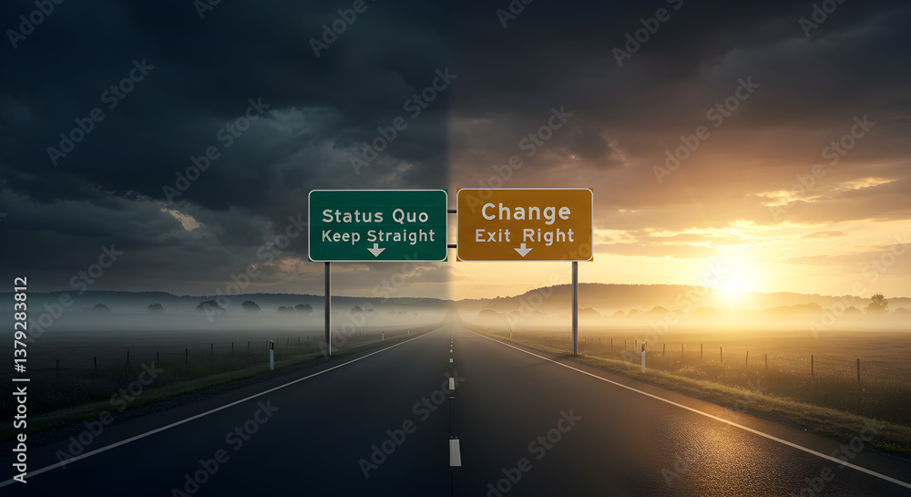 Poster road sign displaying choices and paths at twilight sky with foggy background
