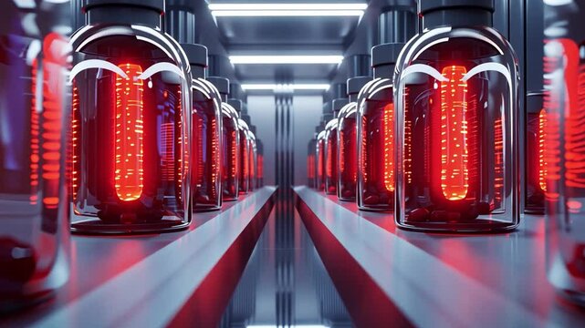 This Rows of glowing containers filled with synthetic blood showcase the future of medical transfusion.