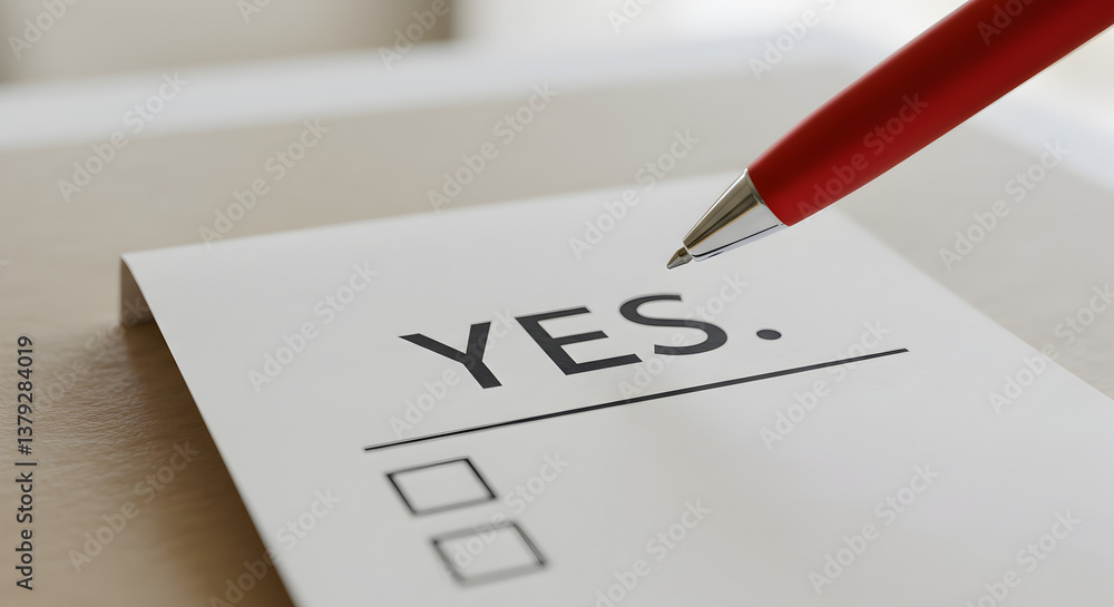 Poster red pen on white paper with the word yes and unchecked boxes in a flatlay