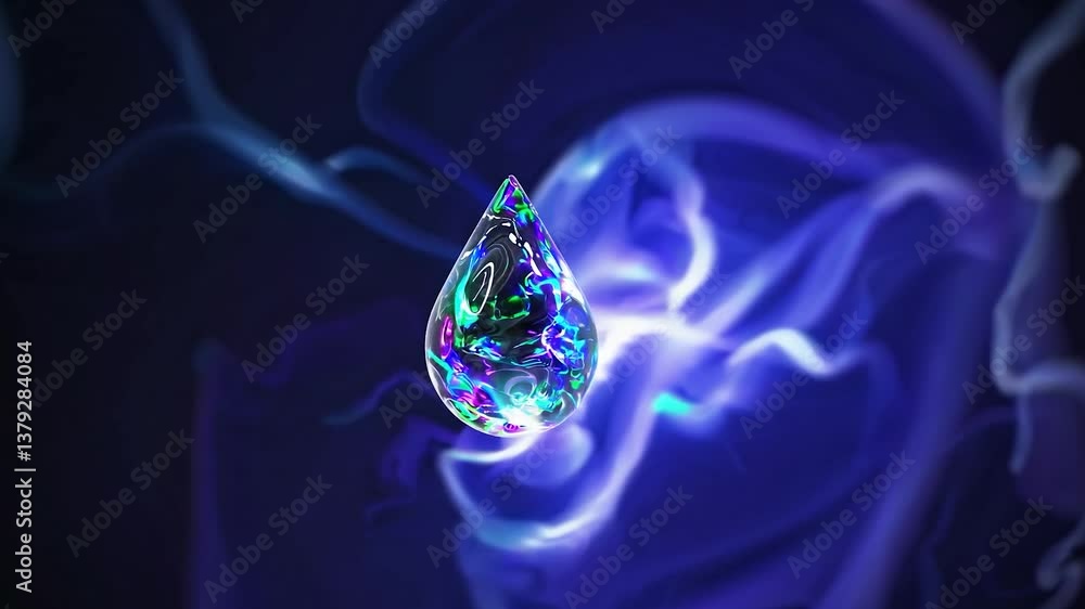 Poster glowing multicolored drop with iridescent reflections floating in the center of colorful gaseous neb