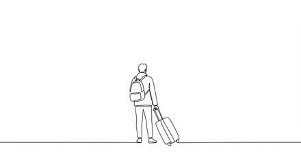 Obraz premium Continuous line drawing of traveling person with luggage on a white background