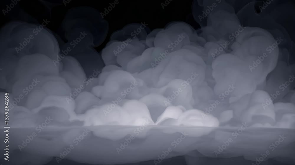 Poster white smoke slowly evolving and expanding across black background, creating dark, mysterious atmosph