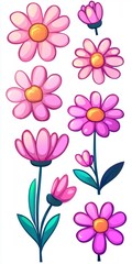 Assorted Pixelated Flowers Featuring Pink Purple Yellow and Green on a White Background