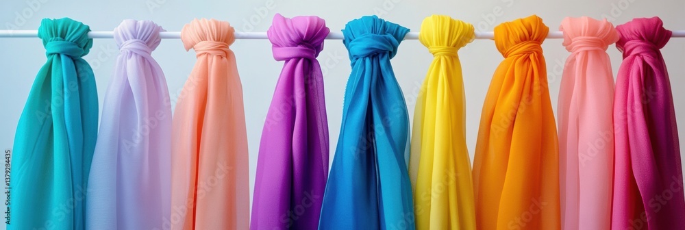 Poster vibrant collection of colorful scarves in gradient arrangement on a minimalist rack with smooth stud