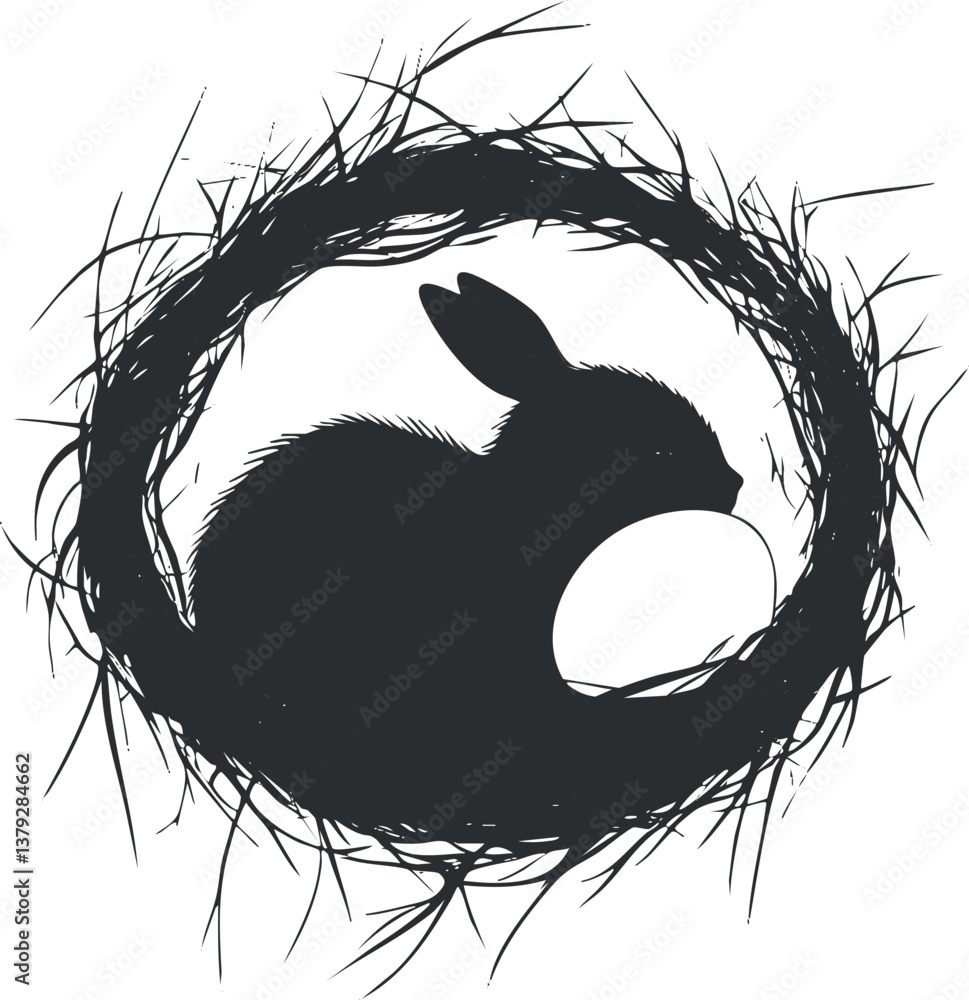 Poster silhouette of a rabbit and egg within a circular nest, symbolizing nature and easter themes.