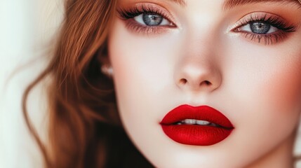 Close-up of a woman with red lipstick and glamorous makeup.