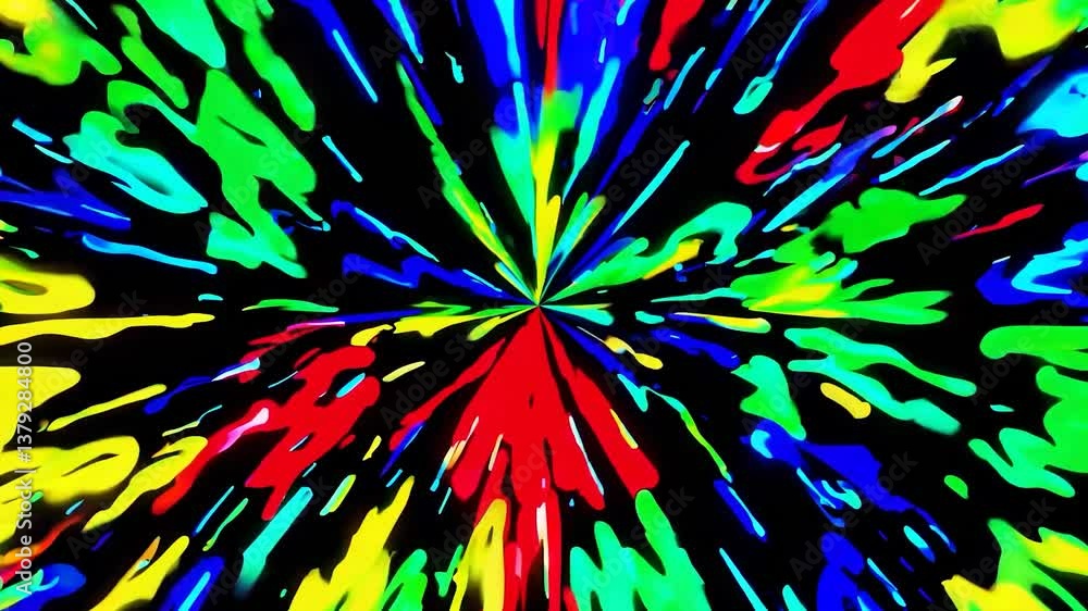 Poster dynamic paint splatter animation expands outwards from center on a black background, creating a vibr