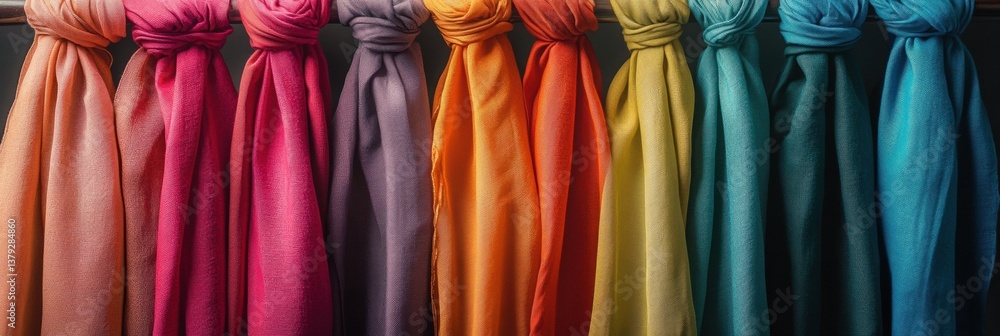 Poster vibrant set of colorful scarves arranged in gradient order on a minimalist rack under smooth studio 