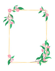 Vertical rectangular floral frame with elegant gold geometric lines and pink flowers isolated on white background. Decorative blossom design element for invitations, greeting card. Vector illustration