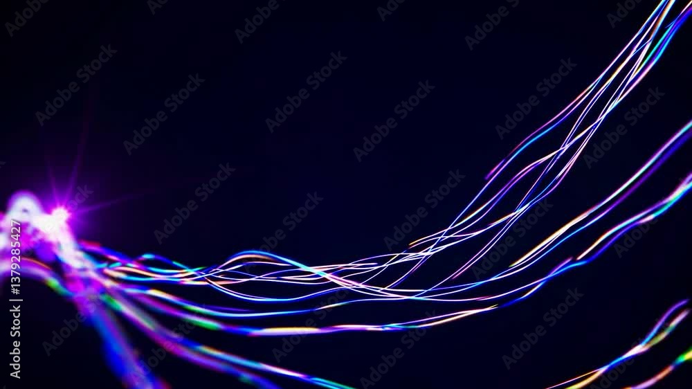Poster dynamic wavy lines flowing smoothly across dark background, creating iridescent visual effect with v