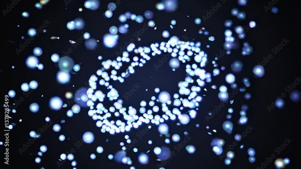 Poster luminous spheres gathering, swirling dynamically to form rotating arrow on black background, creatin