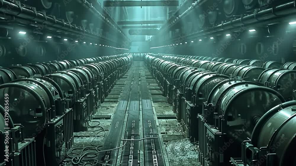 Poster this rows of cryogenic chambers lit by soft green light highlight future biotech innovation.