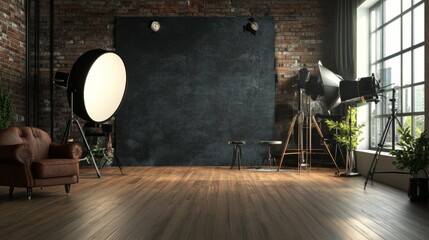 Professional photo studio with lights and vintage furniture
