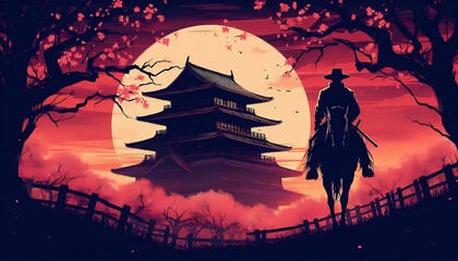 Lonely cowboy on horseback against sunset, anime background