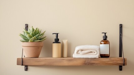 Decorative bathroom shelf with plants and skincare products in a modern setting