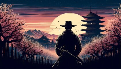 Lonely traveler sunset background anime wallpaper