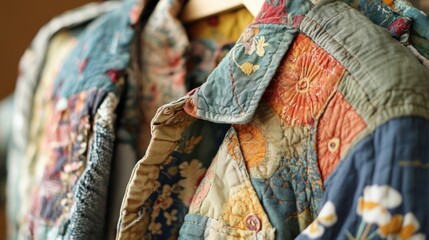 Close-up of patchwork floral shirt on hanger.  Colorful, embroidered, and detailed fabric design.