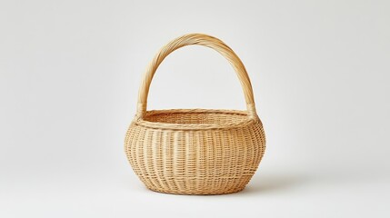 A woven basket with a smoothly curved handle made of reinforced bamboo