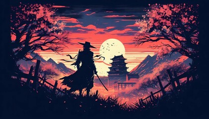 Traveler on the background of the moon, anime background