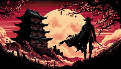 Lonely traveler on the moon background, anime background