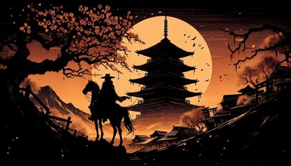 Cowboy on horseback with moon in background, anime background