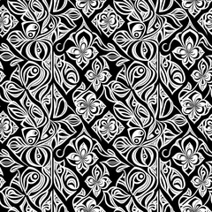 a black and white floral pattern on a black background