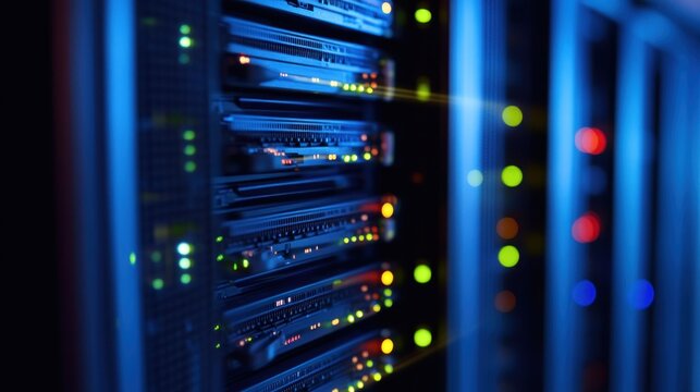 Close-up of server racks in a data center, illuminated with vibrant lights, showing various components and indicators.