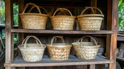 Bamboo woven picnic baskets displayed on a rustic wooden shelf